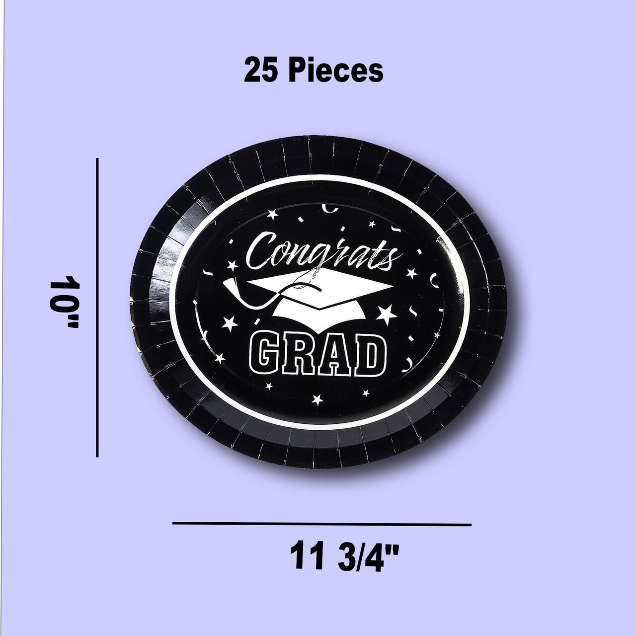 25 Count Betallic Congrats Graduation Party Black School Colors Paper Banquet Plates Disposable Dinner Plates 11 3/4" x 10"